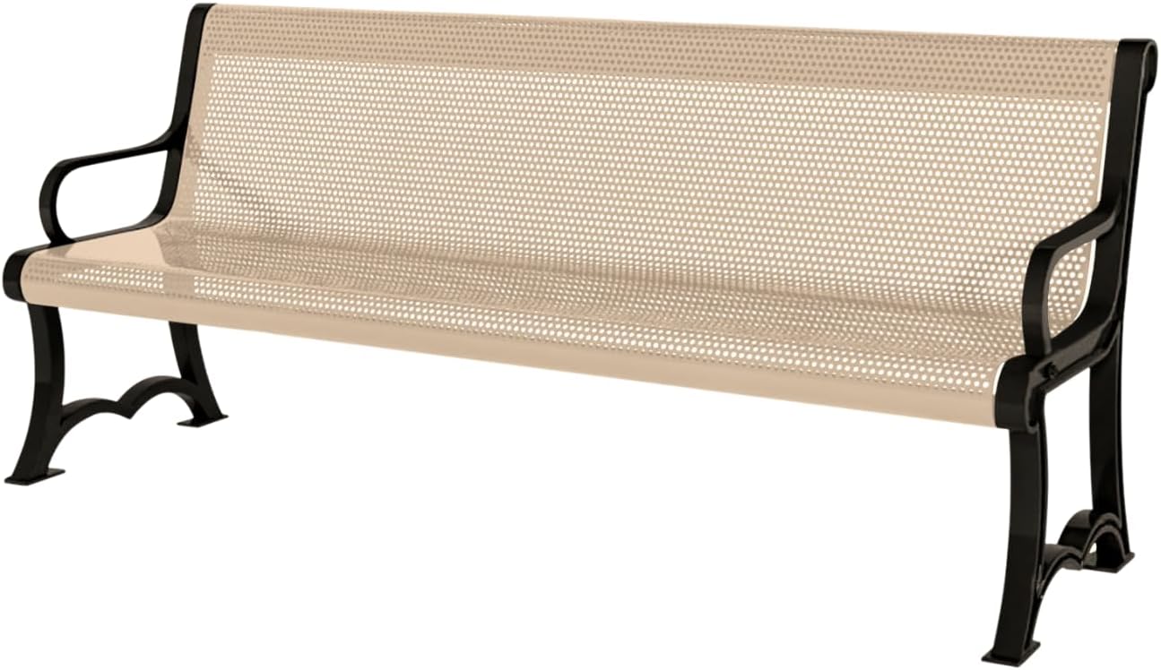 Coated Outdoor Furniture Heavy-Duty Outdoor Bench Thermoplastic Coated, Punched Steel, Commercial-Grade Garden Bench, Made in America (Portable with Back, 4 Ft, Tan)