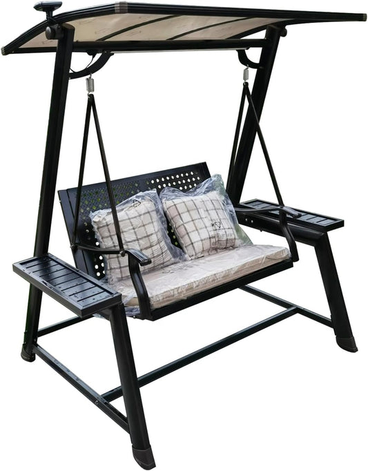 2/3-Seat Outdoor Patio Porch Swing with Adjustable Aluminum Alloy Canopy Solar Patio Swing Chair Bench with Footrest Side Cup Holder for Backyard Lawn (L-Aluminum Mesh Red Copper-2 Seat)