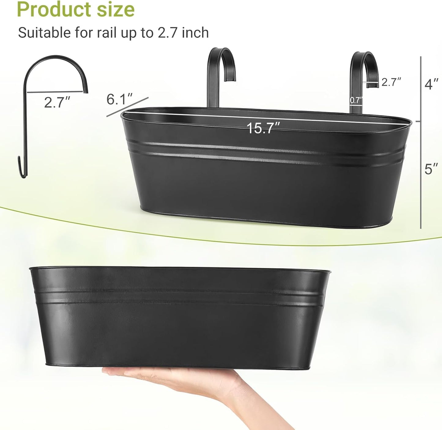 Dahey 4 Pcs Metal Hanging Flower Pots for Railing Fence Outdoor Planter 15.7 Inch Hanging Bucket Pots Countryside Window Flower Plant Holder with Detachable Hooks for Garden Yard Home Decor,Black