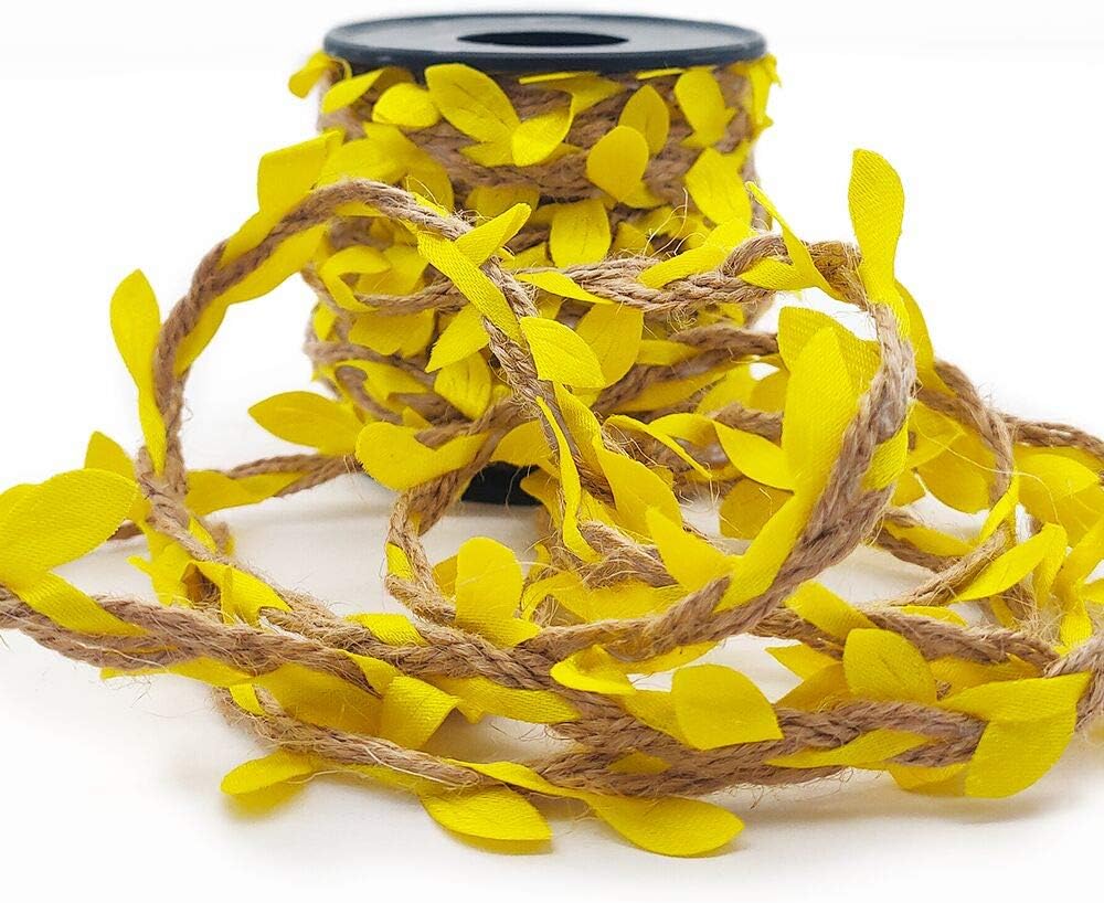 66 Feet Total Burlap Yellow Leaf Ribbon 2 Rolls 5mm Natural Jute Vine with Artificial Leaves Ribbon for Crafts Jungle Party Wedding Garden Home Decoration Twine