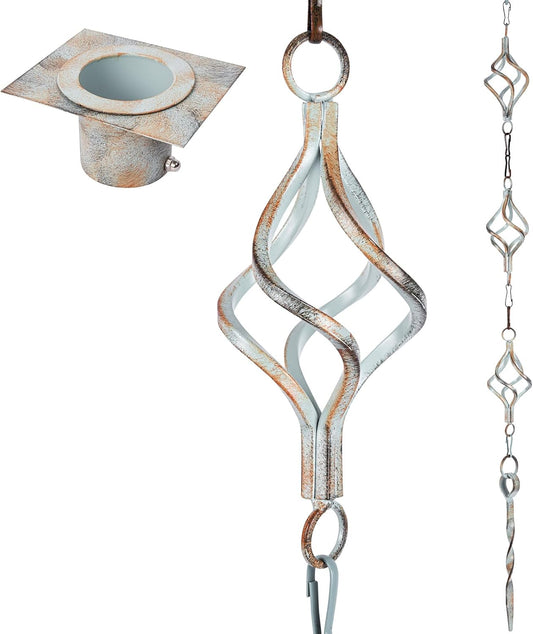 Rain Chain Bird Cage Set 8.5Ft, Not Rust Wrought Iron Rain Chains for Gutters with Adapter Gotta Drain and Sturdy Anchoring Stake,13 Birdcage, 1 Hook, Adjustable Length for Garden (Cyan)