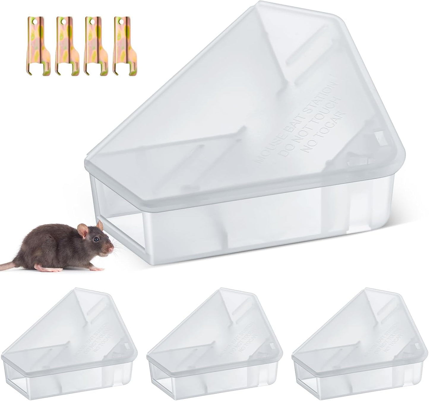 Qualirey 4 Pcs Mice Station with Key Triangle Bait Station Reusable Rodent Trap Bait Box, Keeps Children and Pets Safe Indoor & Outdoor, Bait Not Included, Suitable for Small Mice (Translucent)