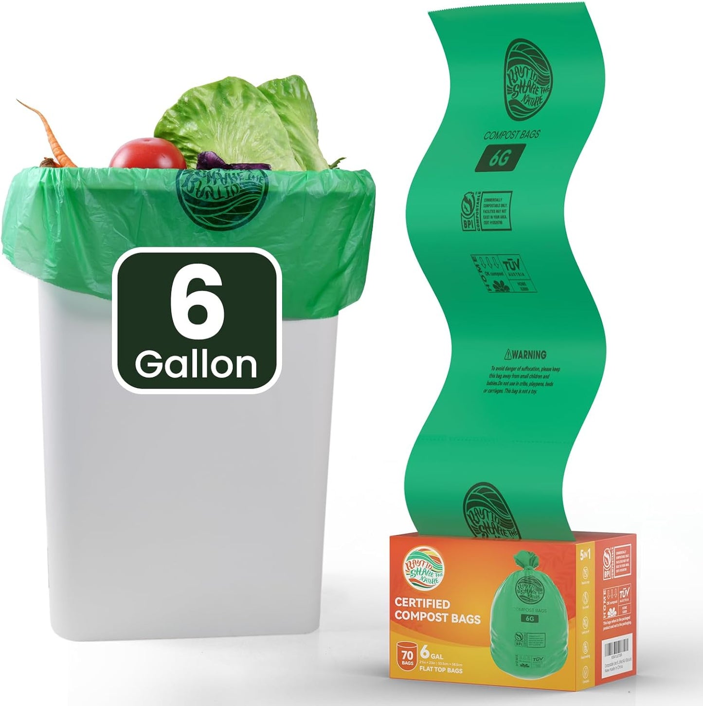 Compostable Bags, 6 Gallon Food Scraps Yard Waste Bags,Fits 5-6-8 Gallon trash can, 30 Liter, 70Count, Heavy Duty 0.85 Mils, ASTMD 6400 Kitchen Trash Bags, BPI&OK compost HOME certified