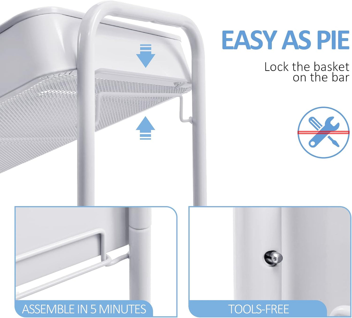 TOOLF 3-Tier Rolling Cart with Table Top, Metal Storage Cart on Wheels, Utility Organizer with Wooden Tray, Lockable Casters, Easy Assembly for Bathroom, Living Room, Office, Kitchen, White