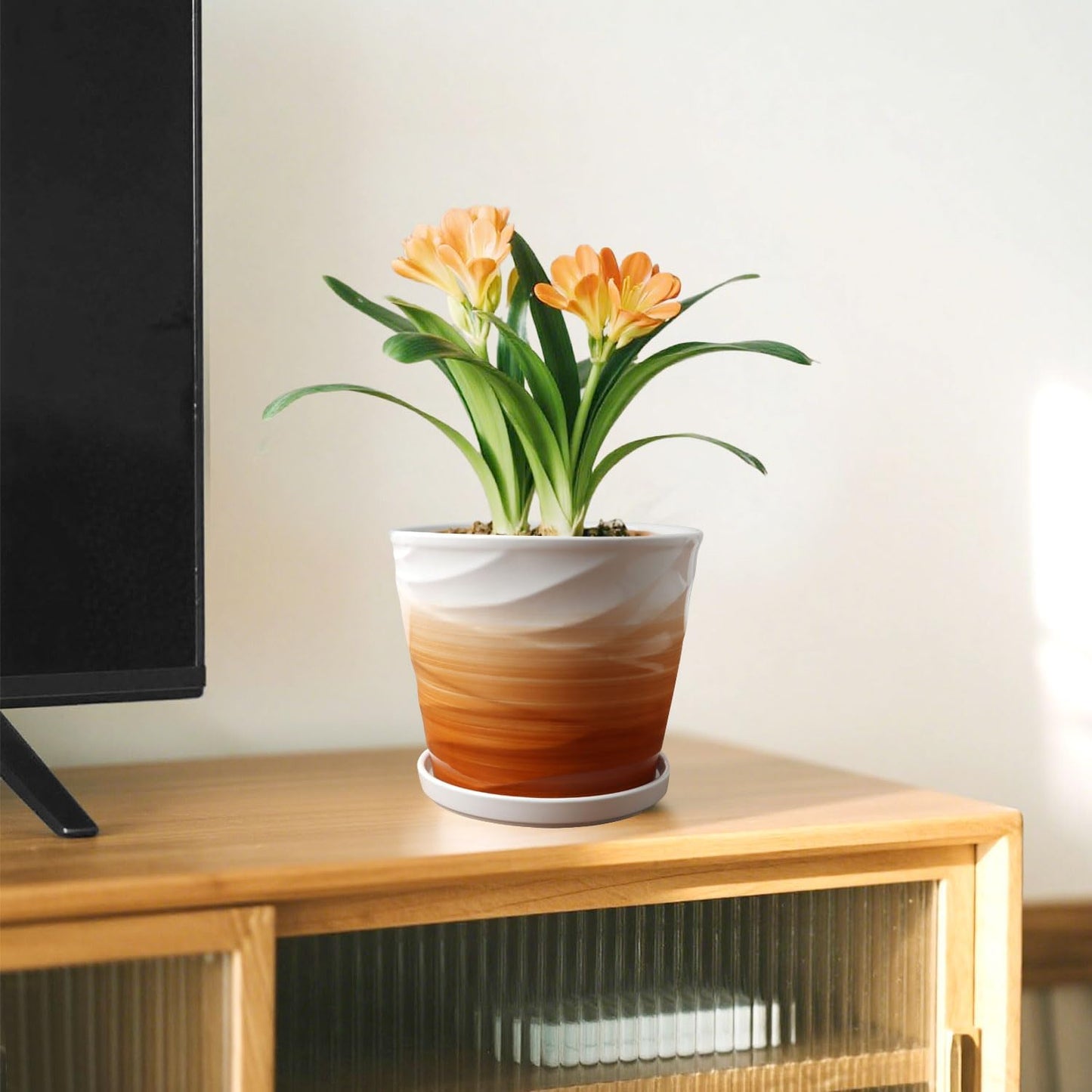 8 Inch Plant Pot, Ceramic Planter with Drainage and Saucer, Ceramic Pots for Plants, Indoor Plant pots, Flower pots，Modern Planter(Khaki + White)