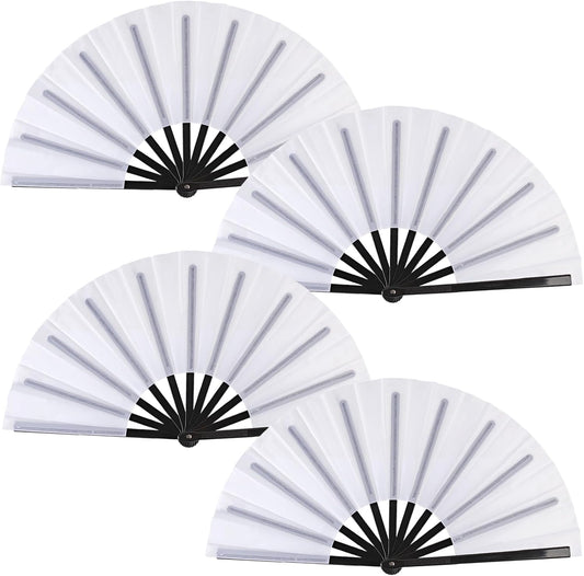 4 Pack Large Folding Hand Fan for Line Dance & Popping, Large Clap Rave Fan Chinese Kung Fu Hand Fan Decorative Folding Fans for Dance, Performance, Festival or Home Decorations(Black Pole White)