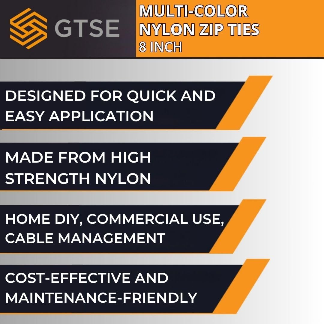 GTSE 8 Inch Colored Zip Ties, 200 Pack, 50lb Strength, UV Resistant Strong Nylon Cable Ties, Self-Locking 8" Tie Wraps