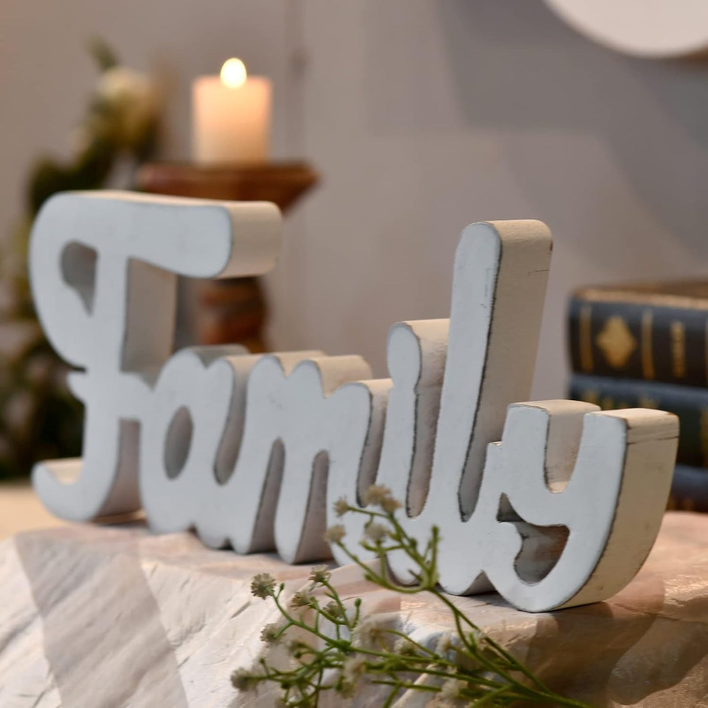 Rustic Wooden Family Signs for Home Decor Wall 15", Farmhouse Distressed White Christmas Tabletop Decor Signs, Fireplace Mantle decor, Thanksgiving Family Wall Decor for Living Room
