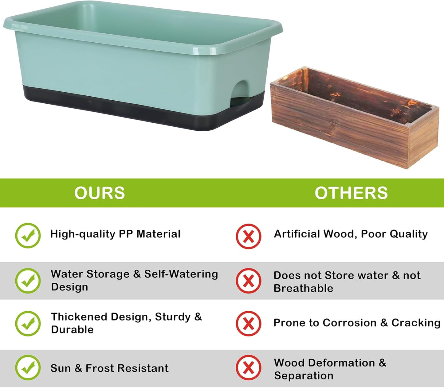 Window Box Planter 6 Pcs, 18 Inches Rectangle Flower Pots with Drainage Holes and Trays, Vegetable Planters for Windowsill Patio Garden Balcony Home Porch Yard Indoor Outdoor (Green, 18*10*6 inch)