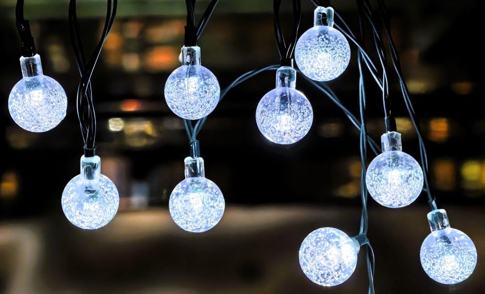Solar String Lights Outdoor, 20ft Waterproof 30 LEDs 8 Modes Crystal Globe Solar String Fairy Lights Backyard Patio Christmas Lights for Holiday Party Gardens Backyard Wedding (White)