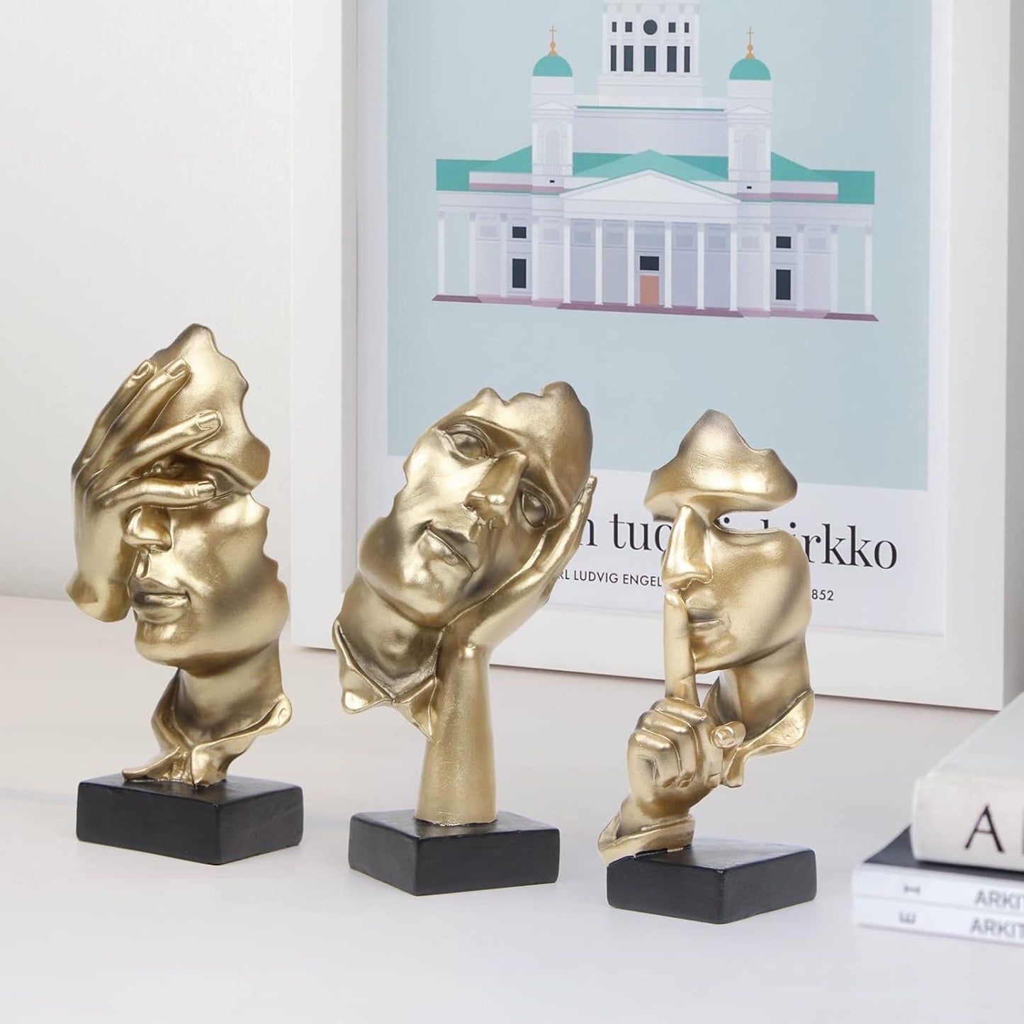 3 Pcs Thinker Statue, Silence is Gold Abstract Art Figurine, No Hear No See No Speak Modern Home Resin Sculptures Decorative Objects Decor for Home Office Bookshelf Desktop(Gold), A-41