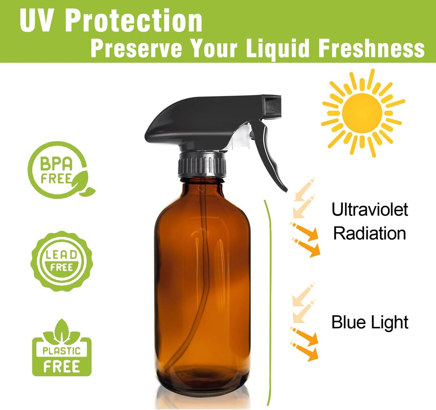 8OZ Amber Glass Spray Bottles - 2 Pack - Empty Refillable Bottle for Essential Oils, Plants, Cleaning Solutions, Hair Mister - Durable Nozzle w/Fine Mist and Stream Setting