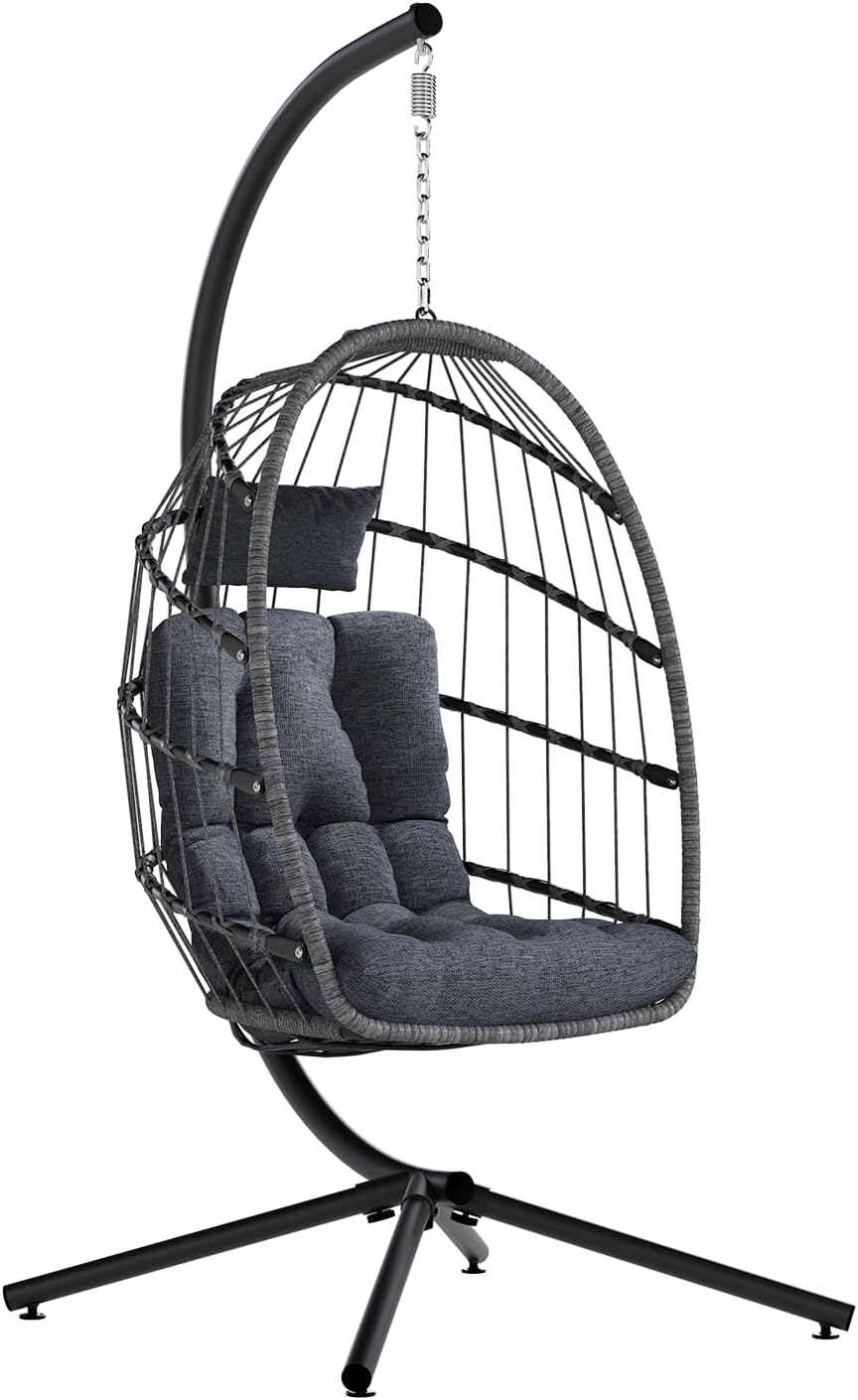 SWITTE Egg Chair Outdoor with Stand, Indoor Wicker Hanging Egg Swing Chair with Cushion, 350lbs Capacity for Patio, Bedroom, Garden - Dark Grey