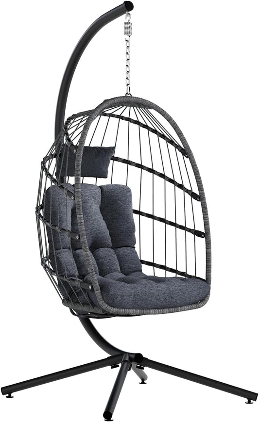 SWITTE Egg Chair Outdoor with Stand, Indoor Wicker Hanging Egg Swing Chair with Cushion, 350lbs Capacity for Patio, Bedroom, Garden - Dark Grey