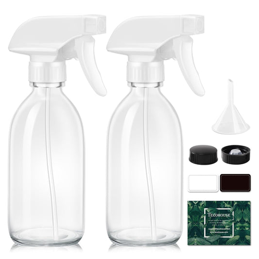 Tecohouse Glass Spray Bottle 8 oz, Clear Small Empty Refillable Sprayer Container with Labels, Funnel, Lids, Graduated Pipettes - Handheld Size