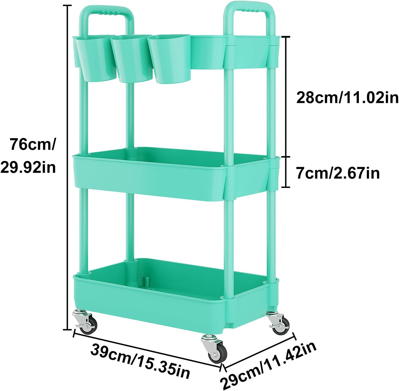 UDEAR 3-Tier Rolling Utility Cart,Multifunctional Storage Shelves with Handle and Lockable Wheels for Room,Office,Kitchen,Bathroom,with 3 Hanging Cups,Green