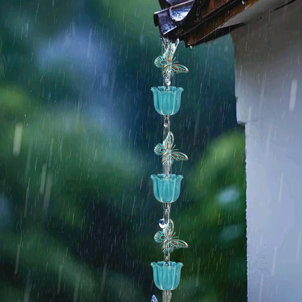 Lotus Rain Chain, 8.2 ft Rain Chains for Gutters with 10 Cups, Adjustable Rain Catcher Chains with Bell for Gutters, Eaves, Drainage, Replacement Downspout