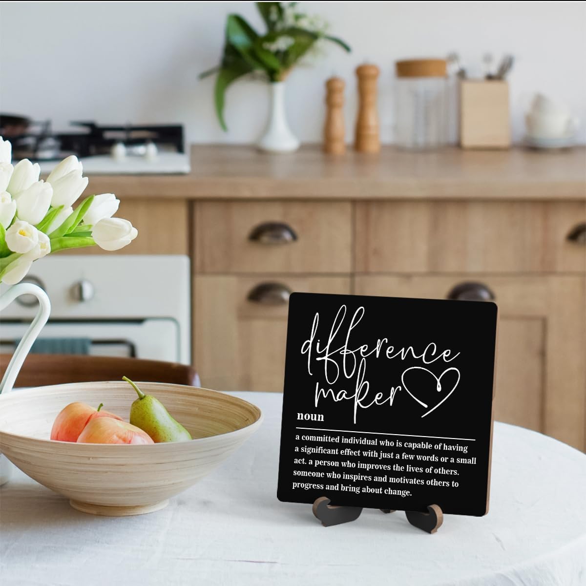 Wooden Table Sign Gift Difference Maker Definition Desk Decor Wood Plaque With Stand Unique Gift Ideas for Boss Women Best Mom Coworker Teacher Office(Black)-A03