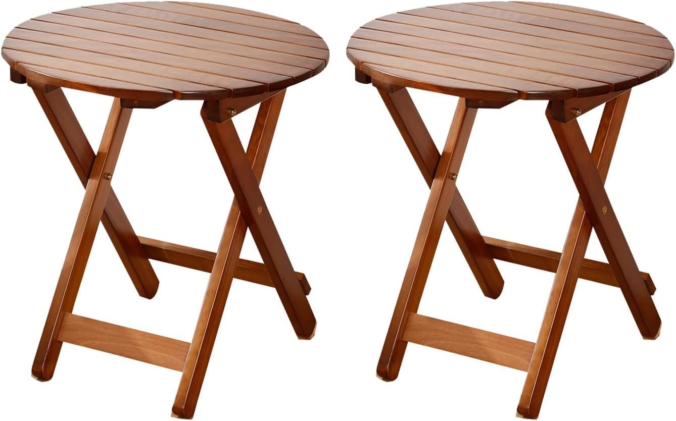 Small Round Folding Side Table Set of 2, Patio Foldable Wooden Outdoor End Tables for Indoor Porch Camping Living Room Bedside Couch, as Coffee Table or Plant Stand, Brown