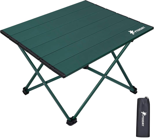 PTEROMY Small Folding Camping Table, Portable Beach Table with Ultralight Aluminum Tabletop for Travel, Outdoor, Camping, Picnics, and BBQs (Green)