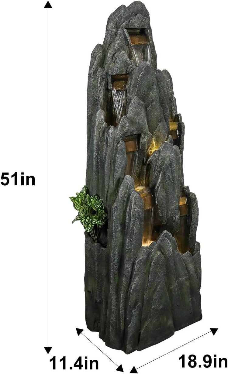 SunJet Outdoor Rockery Water Fountain with LED Lights - 51" Tall Resin Cascading Fountains and Waterfalls Feature for Patio, Yard, Garden Decor, Featuring Realistic Natural Stone Look
