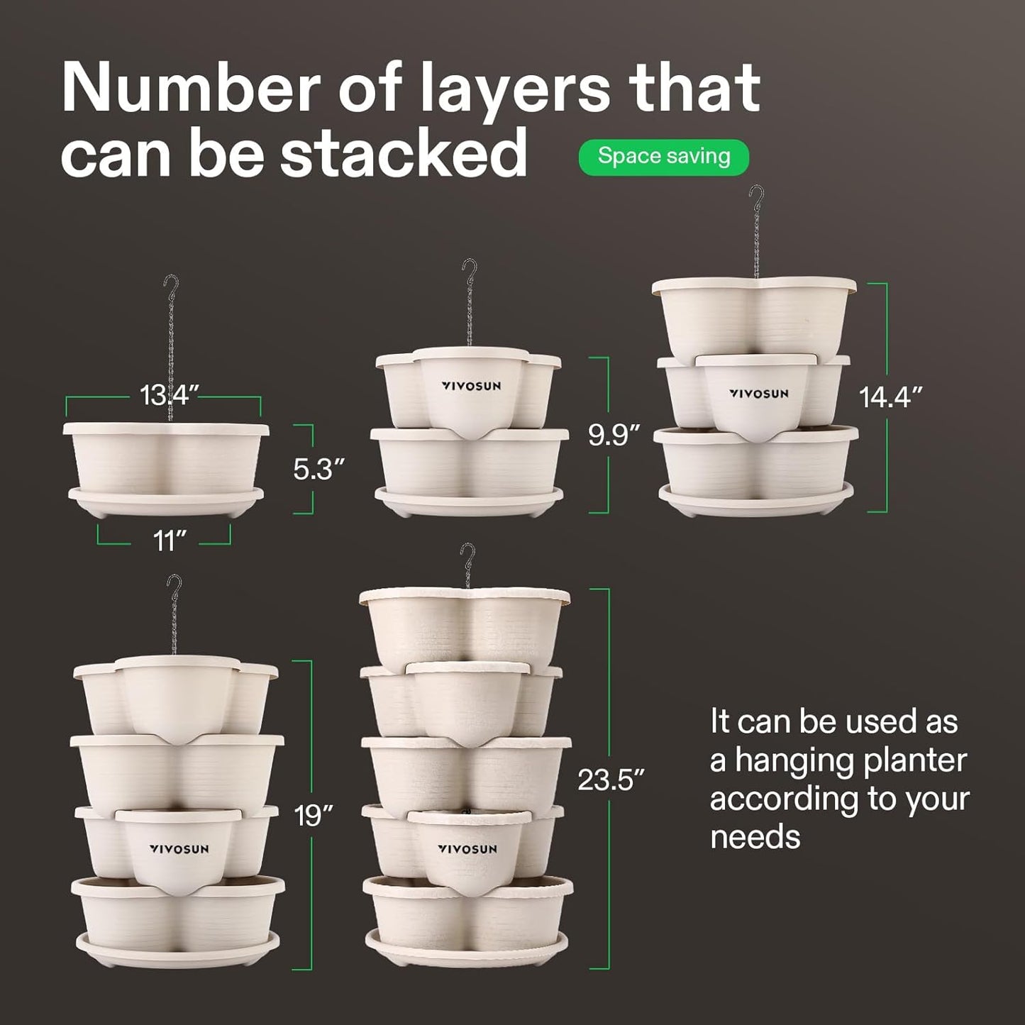 VIVOSUN 5 Tier Vertical Gardening Stackable Planter for Strawberries, Flowers, Herbs, Vegetables, Ivory
