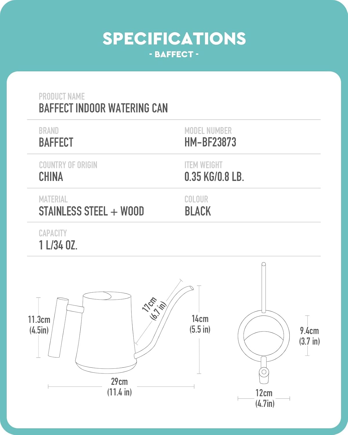 Baffect Indoor Watering Can, 1L/34OZ Metal Houseplant Watering Can with Wooden Handle, Curved Design Watering Can with Long Spout for Small Potted Plants (Black)