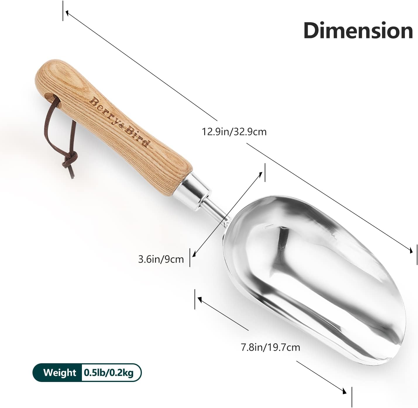 Berry&Bird Garden Loose Soil Scoop, Stainless Steel Hand Shovel Spade with Wood Handle Multi Function Gardening Trowel Spoons for Transplanting, Digging, Planting, Cultivation