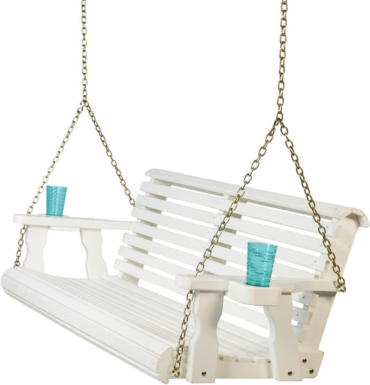 Amish Casual 4 Foot Roll Back Porch Swing with Cup Holders in Semi-Solid White Stain - Amish Made in The USA from Treated Pine Heavy Duty 700 Lb. Weight Capacity