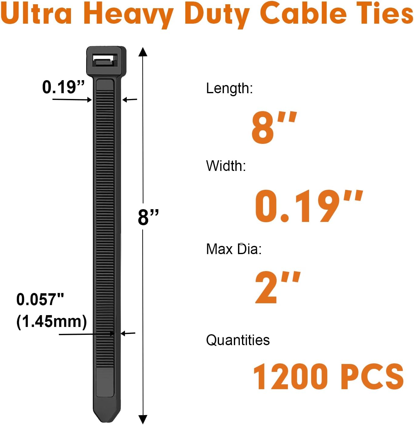 Zip Ties, RAZCC 1200pcs Black Cable Zip Ties 8 Inch, Heavy Duty Plastic Wire Ties with 70lb Tensile Strength, Self-Locking Black Nylon Tie Wraps for Indoor and Outdoor