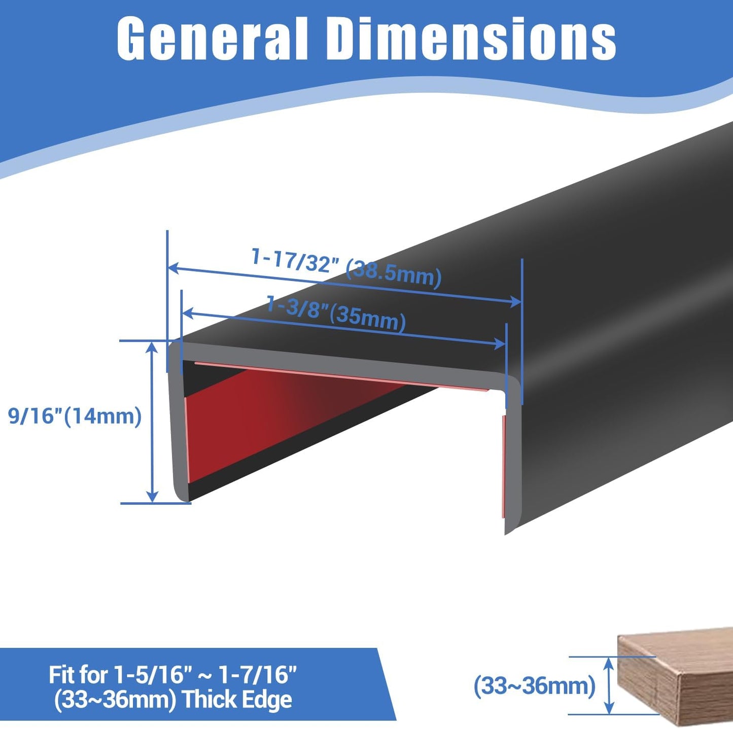 Rubber Edge Trim, Self-Adhesive U Channel Edge Protector for Interior Door Side, Woods, Flexible U Shaped Peel and Stick Edge Banding, Furniture Edge Guard, Fit 1-3/8"(35mm), 10Ft, Black