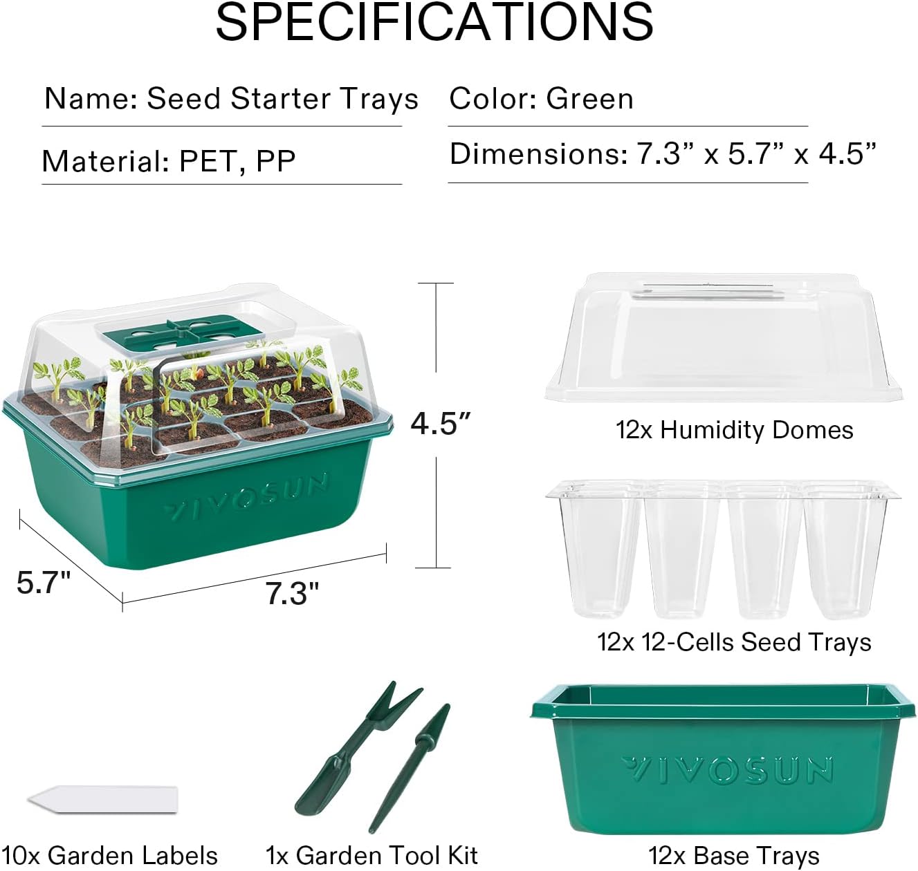 VIVOSUN 12-Pack Seed Starter Trays, 144-Cell Seed Starter Kit with Humidity Dome, Flat Reusable Plant Germination Trays with Drain Hole, Green Propagation Tray for Planting Seeds