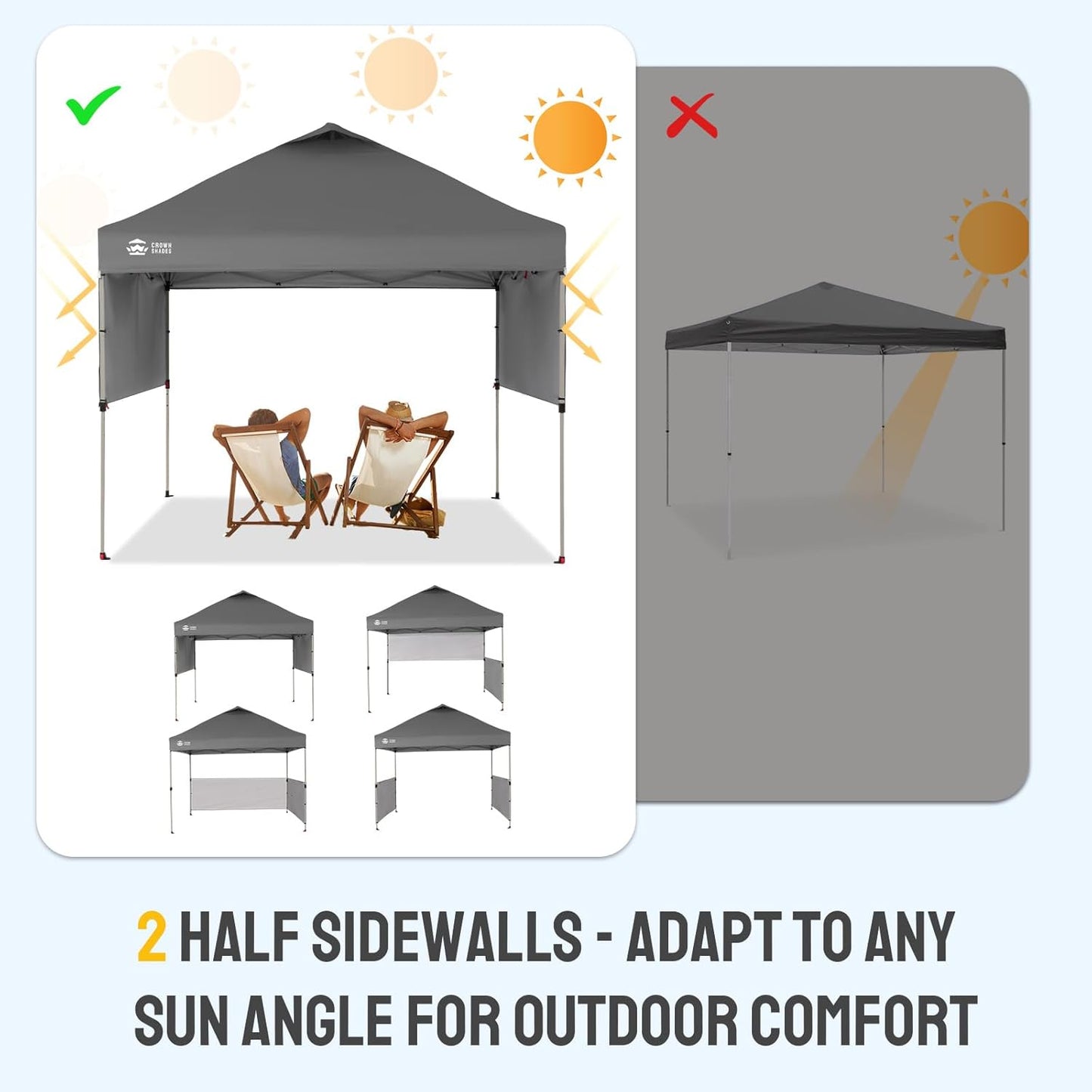 CROWN SHADES 10x10 Pop up Canopy Tent Instant Canopy with 150D Silver Coated Fabric Including 2 Half Sidewalls, 4 Ropes, 8 Stakes, 4 Weight Bags, STO 'N Go Bag, Grey