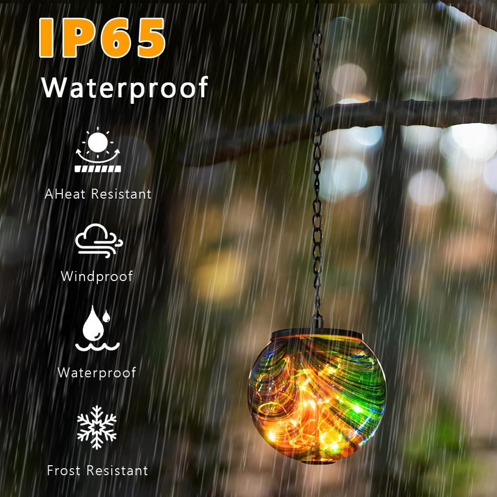Solar Hanging Lanterns Outdoor, Waterproof Solar Gazing Ball Lights, Color Changing Led Glass Globe Lights for Garden Yard Tree Party Decor, Green Swirl