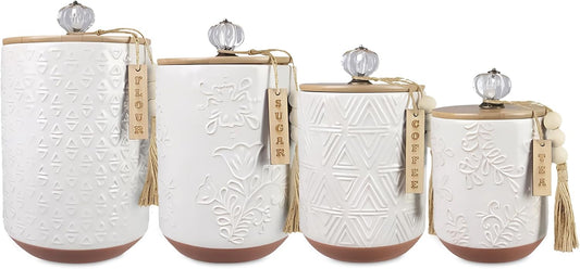 Youngs 21207 Ceramic Canister with Wood Lid and Silicon Seal, Crystal Knob and Blessing Bead Tassel Accent, 4-piece Set
