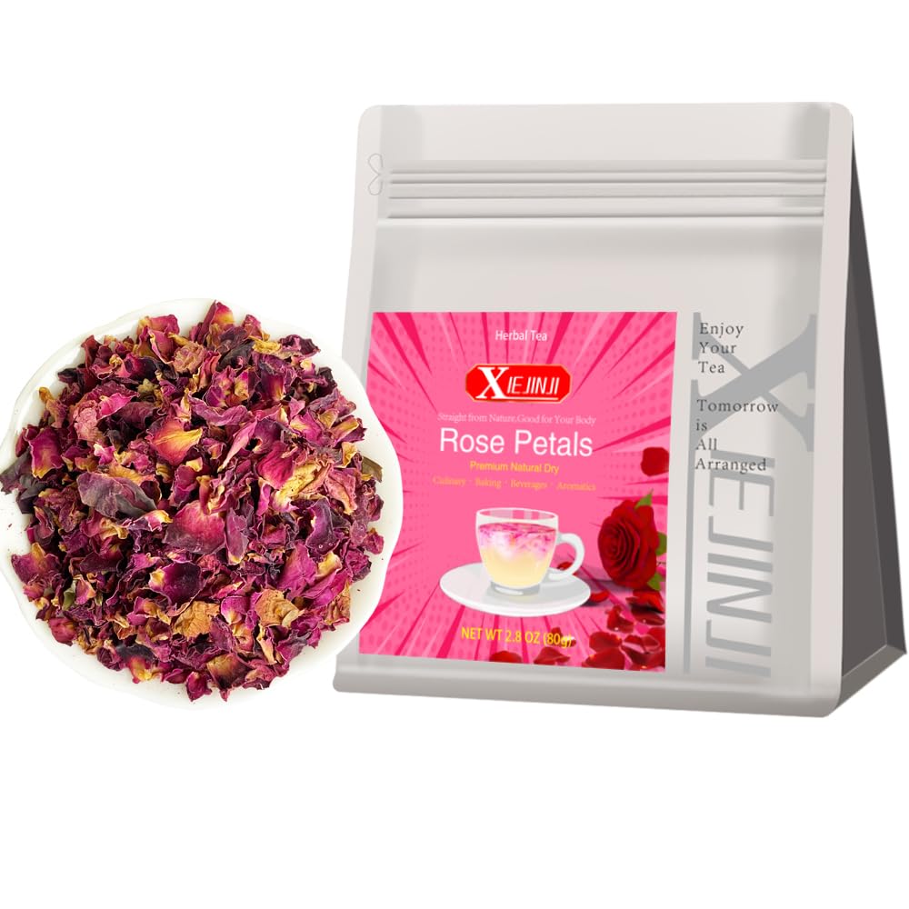 XIEJINJI Dried Rose Petals - 2.8oz/80g, Food-Grade Edible Rose Petals, Dried Flower Petals for Herbal Tea, Decoration, Baking, Crafting