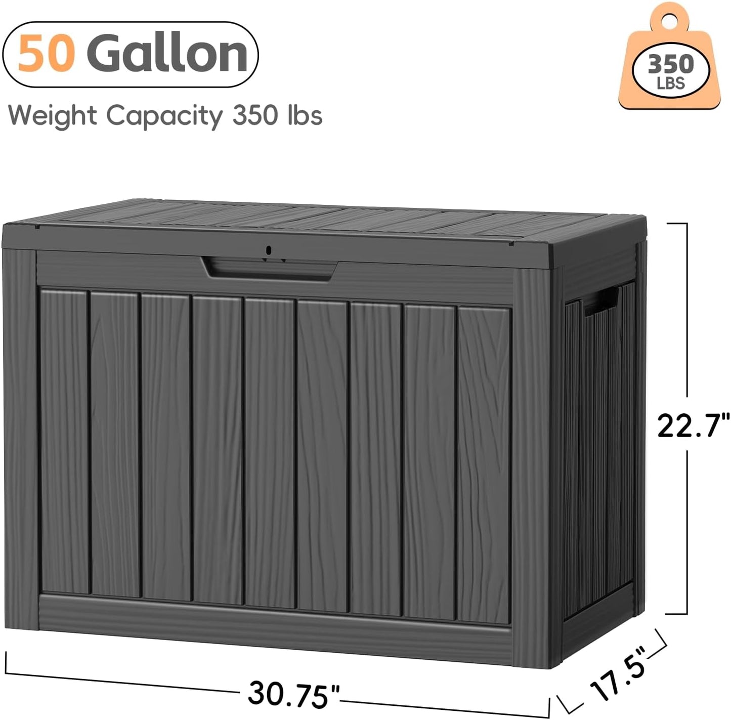 Outdoor Storage Box, 50 Gallon Waterproof Resin Deck Box, Storage Bin for Package Delivery, Patio Furniture Cushion, Garden Tools, Pool Accessories, Weatherproof and UV Resistant