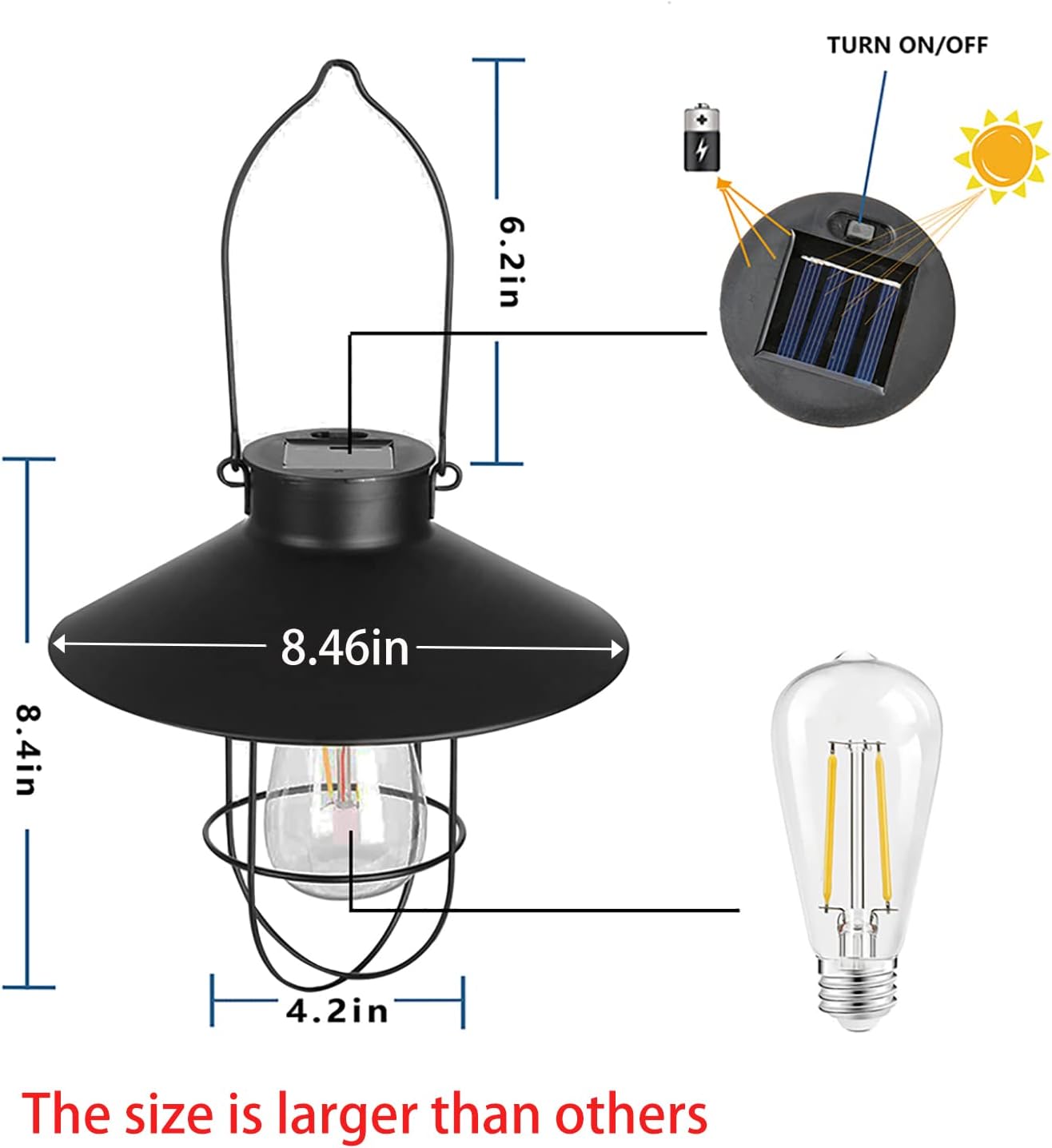 pearlstar Solar Lantern Outdoor Hanging Light Metal Solar Lamp with Warm White Edison Bulb Design for Garden Yard Patio Proch Decor(Black)