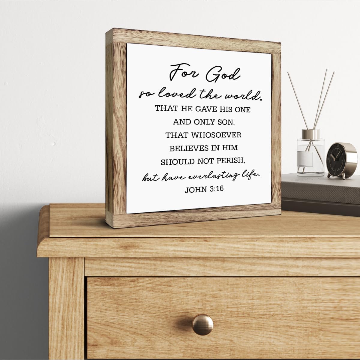 SUSZDOU Scripture Sign, John 3:16 Sign, For God So Loved the World Sign, Wooden Plaques Box Signs, Bible Verse Decor Art, Scripture Table Decor, Rustic Christian Home Decor, Shelf Decoration