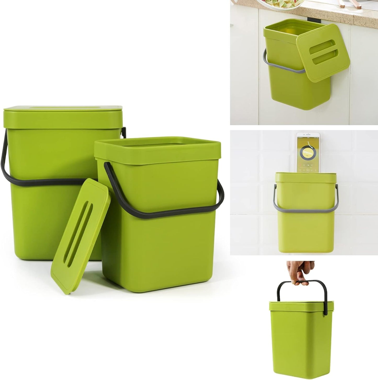 Domiella 2 Pack 1.3 + 0.8Gal Hanging Small Trash Can with Lid, Kitchen Compost Bin for Counter Top or Under Sink, Sealed Food Waste Bin, Mountable Indoor Compost Bucket for Cupboard/Bathroom (Green)