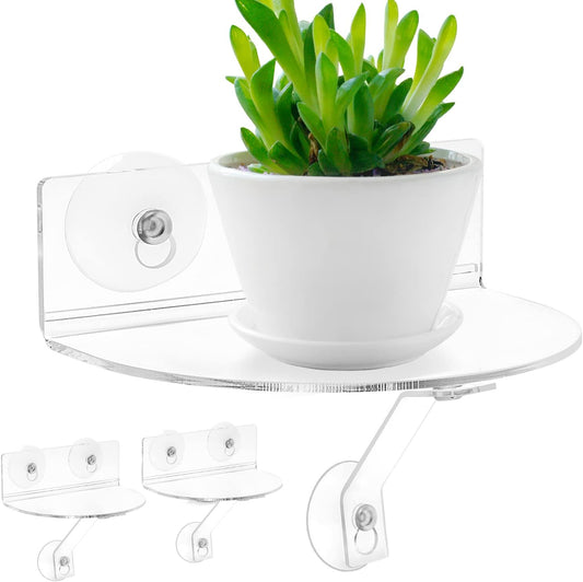 2-Pack Acrylic Window Plant Shelves with Suction Cups & Support Brackets - Semicircular Window Sill Extender for Herb Pots, Succulents, Flower Boxes, Micro Greens | Indoor/Outdoor Use