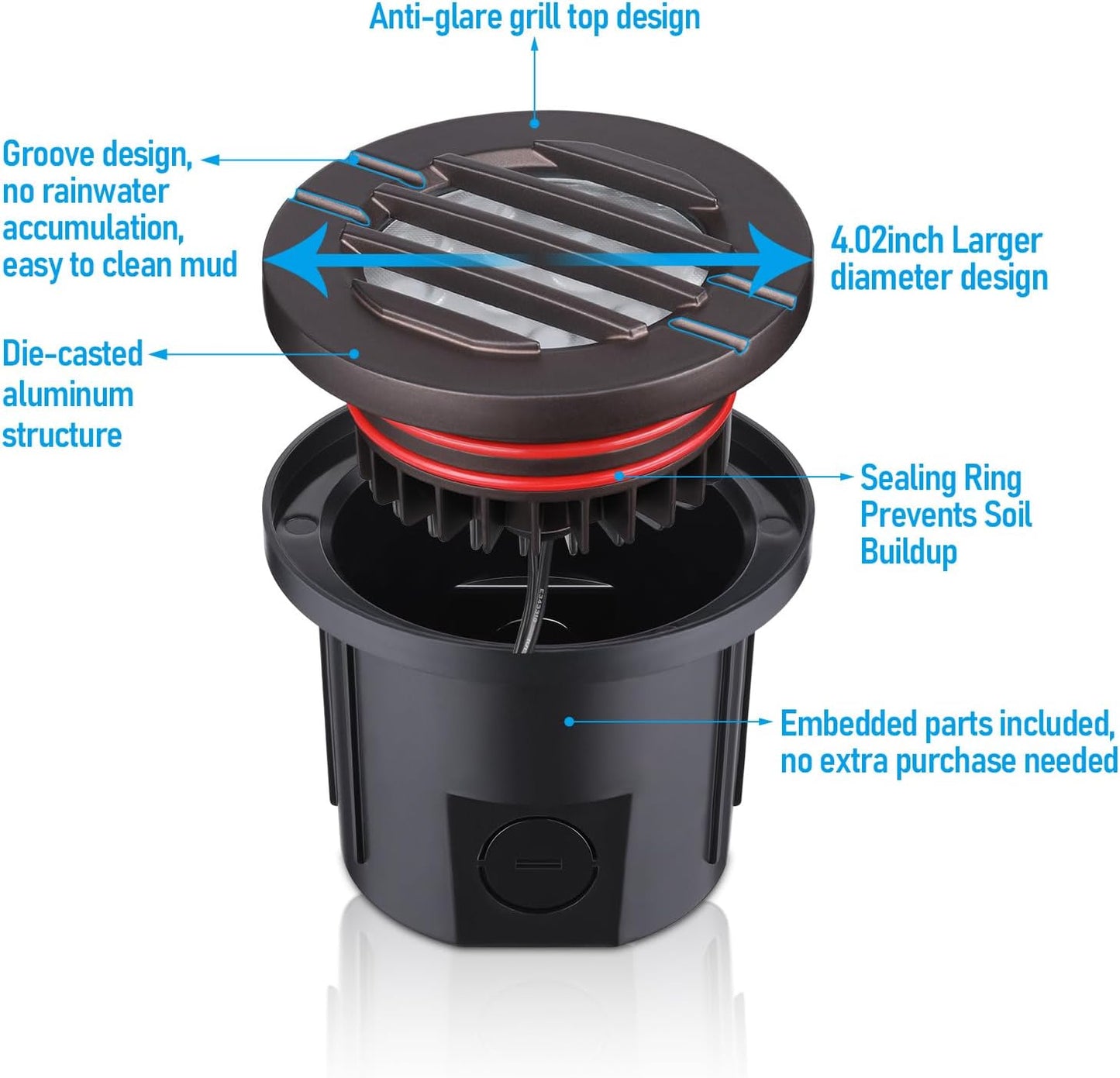 LEONLITE Dia. 4 Inch Well Lights Landscape LED In Ground, Grated Top, 5 Color Temperature Selectable, 12-24V AC/DC CRI90 Low Voltage Garden Landscaping, Oil Rubbed Bronze Aluminum Housing, Pack of 6