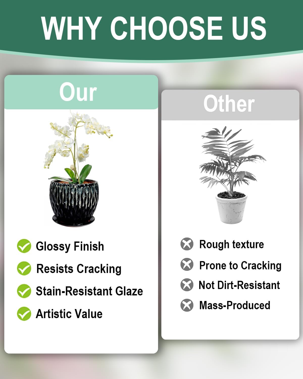 vensovo 7.5 Inch Ceramic Plant Pot with Drainage Holes and Saucer - Large Round Orchid Pot for Indoor Repotting, Ceramic Planter Maintain air Circulation, Black