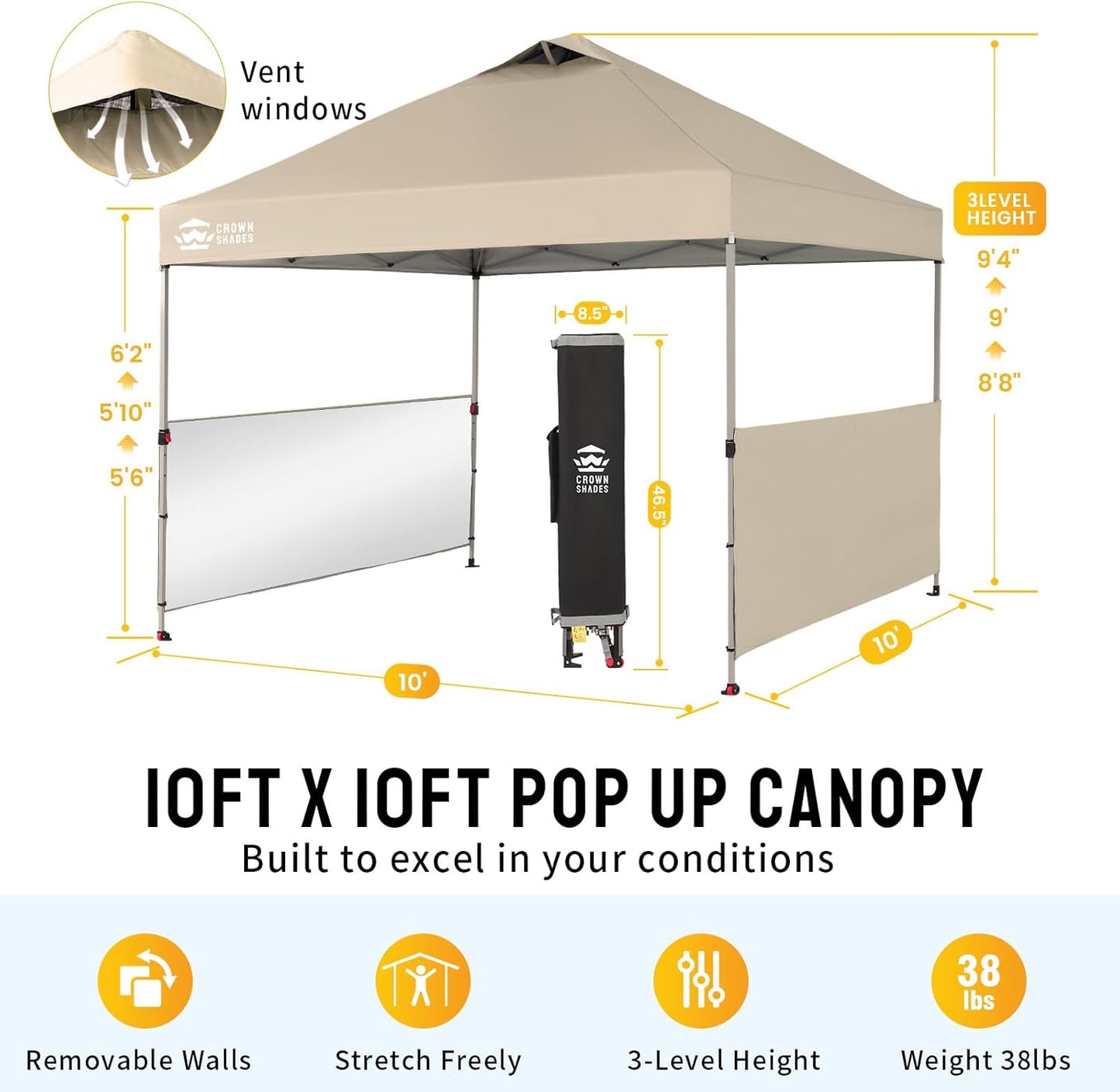 CROWN SHADES 10x10 Pop up Canopy Tent Instant Canopy with 150D Silver Coated Fabric Including 2 Half Sidewalls, 4 Ropes, 8 Stakes, 4 Weight Bags, STO 'N Go Bag, Beige