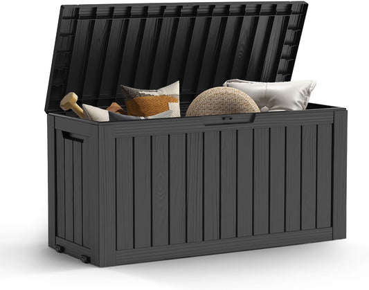 Mars Villa 72 Gallon Deck Box, Outdoor Storage Box Waterproof, Outside Resin Storage Bin for Patio Furniture Cushions, Pool Supplies, Garden Tools, UV-Resistant and Weatherproof, with 4 Wheels, Black