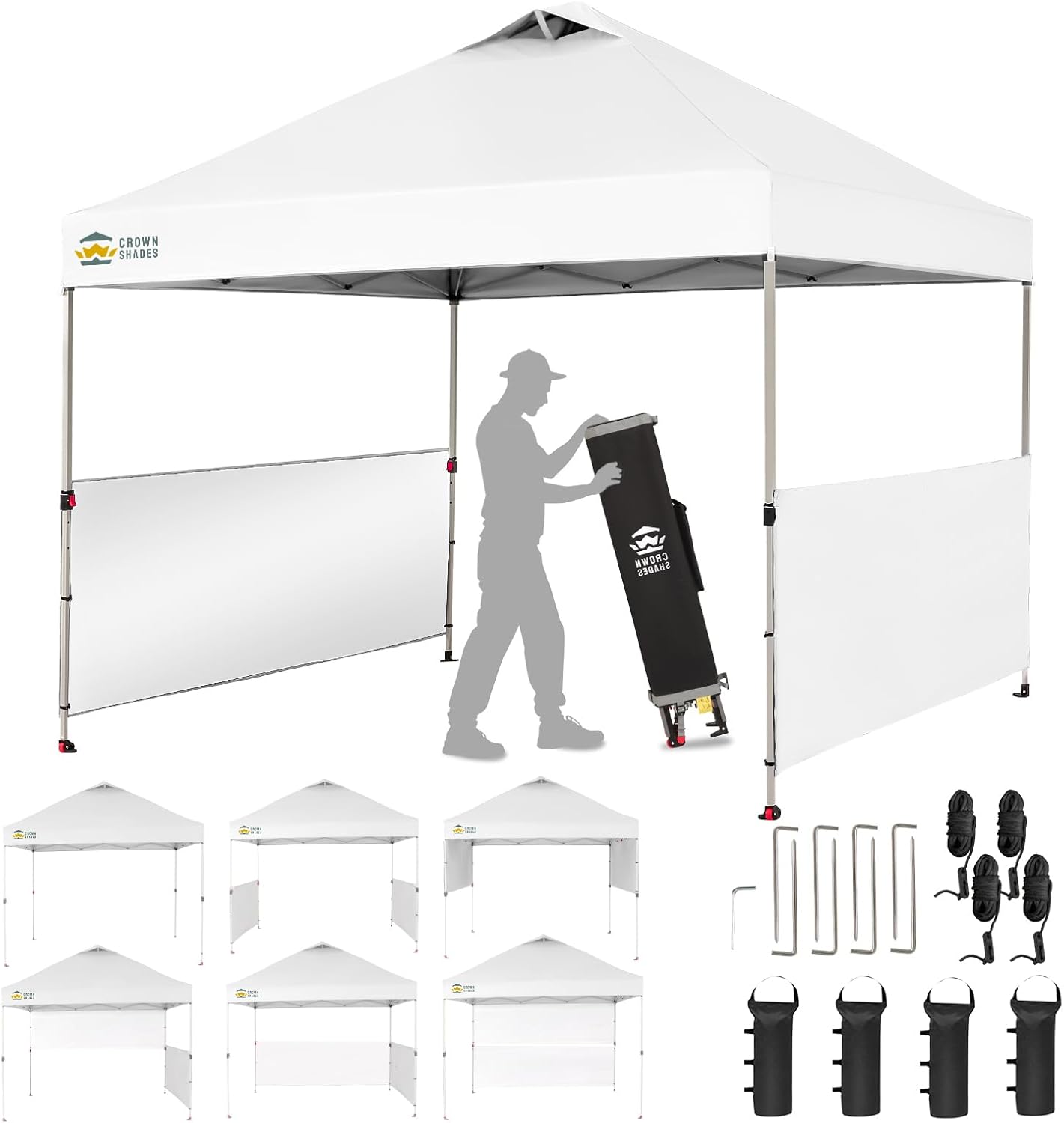 CROWN SHADES 10x10 Pop up Canopy Tent Instant Canopy with 150D Silver Coated Fabric Including 2 Half Sidewalls, 4 Ropes, 8 Stakes, 4 Weight Bags, STO 'N Go Bag, White