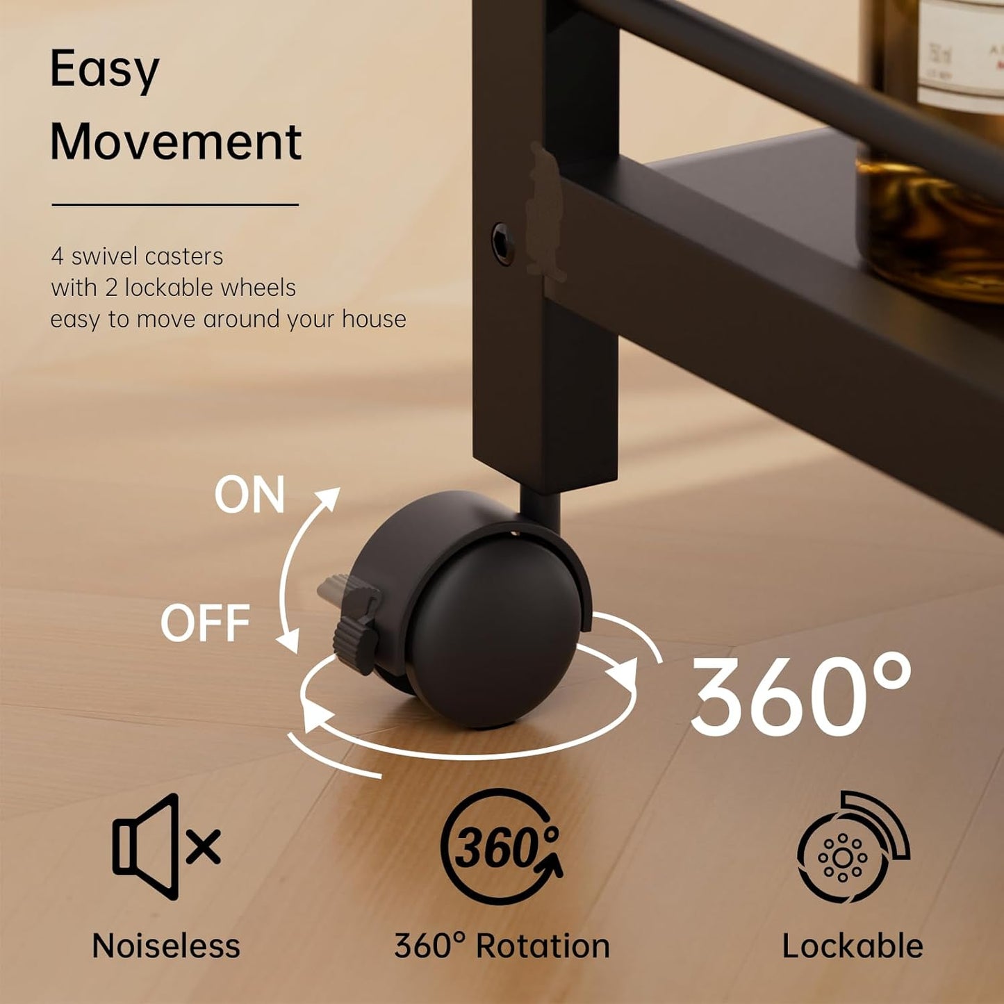 HITNET Bar Cart Black, Serving Cart for Home, 3 Tier Drinks Cart with Wheels, Rolling Beverage Cart for Kitchen Dining Living Room