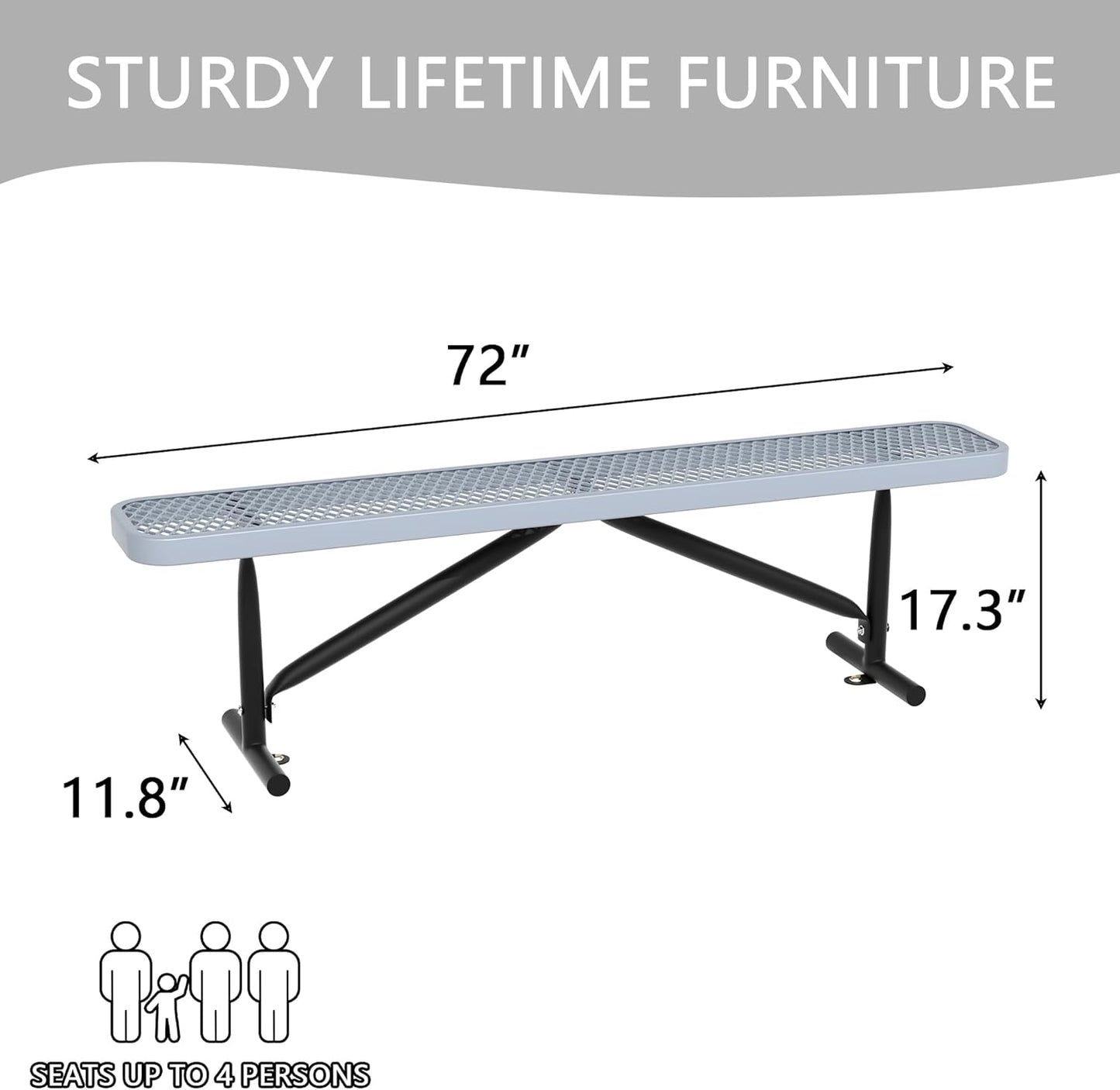 6 Feet Heavy Duty Metal Park Bench for Outside, Outdoor Bench with Portable Frame, Commercial Benches for Shopping Mall, Store, Park, Patio, Deck, Grey