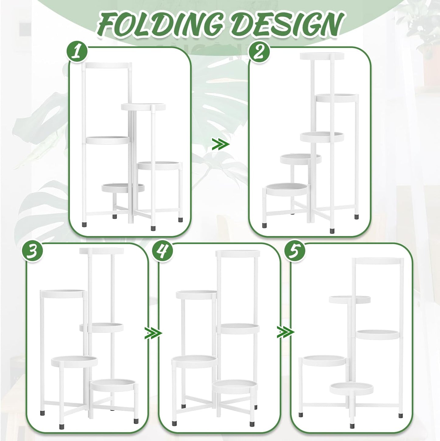 iDavosic.ly Plant Stand Indoor Outdoor, 5 Tier Corner Metal Flower Display Holder Shelf, Folding Tall Orchid Rack for Patio Balcony Porch Garden Living Room House, White
