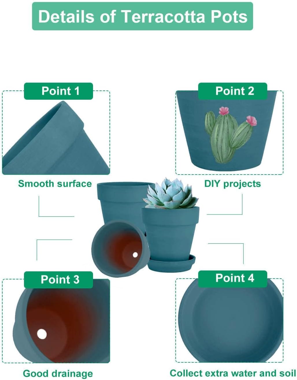 vensovo 6 Inch Steel Blue Terracotta & Clay Pots for Plant with Saucer - 4 Pack Medium Terra Cotta Planter with Drainage Hole, Flowerpot for Indoor Outdoor Plants, Crafts, Wedding Favor